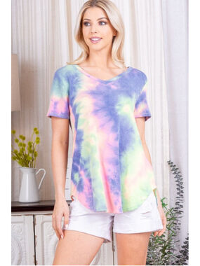 NWOT Heimish Short Sleeve V neck multi color tiedye print purple/lime size small